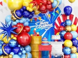 120 Pcs Carnival Circus Balloon Garland Kit, Red Metallic Blue Gold Balloon with Explosion Star Foil Balloons for Kids Birthday 